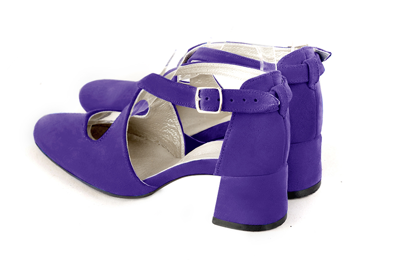 Women's violet purple elegant closed-back heels, with crossed straps. .  - Rear view